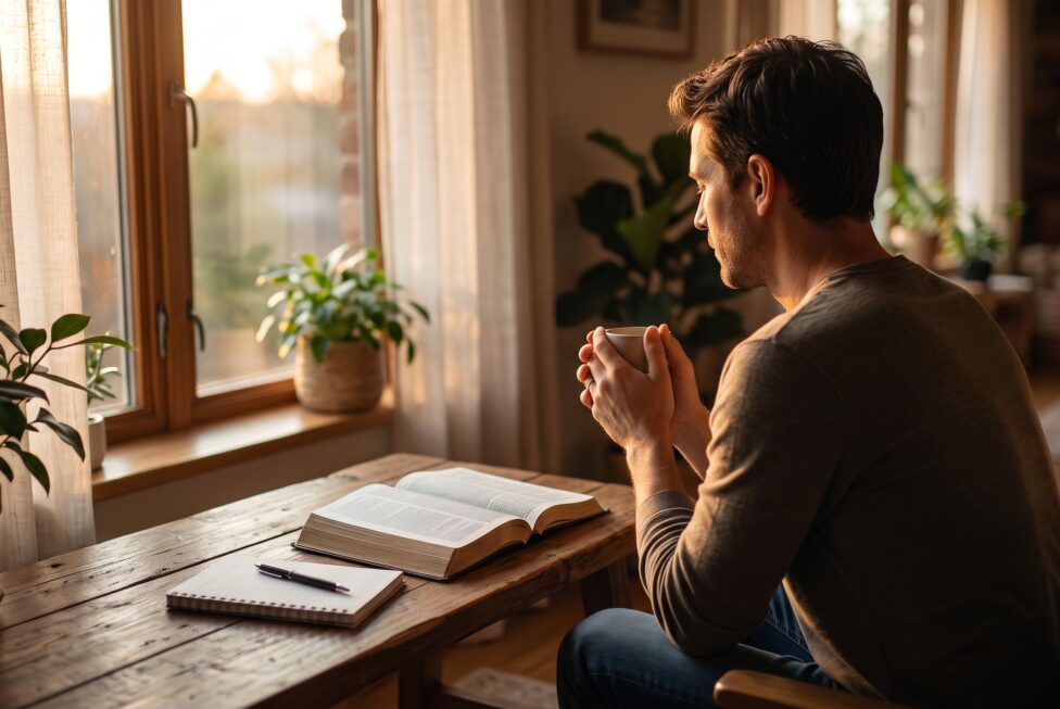 "Homem jovem sentado em uma poltrona em sua sala, segurando uma xícara e olhando reflexivo para a janela durante o entardecer, com uma Bíblia aberta e um caderno sobre a mesa de madeira, ilustrando um momento de oração, leitura e busca por paz contra a ansiedade."