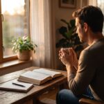 "Homem jovem sentado em uma poltrona em sua sala, segurando uma xícara e olhando reflexivo para a janela durante o entardecer, com uma Bíblia aberta e um caderno sobre a mesa de madeira, ilustrando um momento de oração, leitura e busca por paz contra a ansiedade."