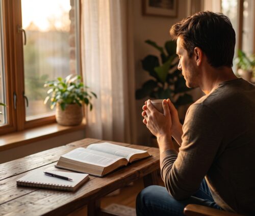 upsampled_img_10937267087202744288 "Homem jovem sentado em uma poltrona em sua sala, segurando uma xícara e olhando reflexivo para a janela durante o entardecer, com uma Bíblia aberta e um caderno sobre a mesa de madeira, ilustrando um momento de oração, leitura e busca por paz contra a ansiedade."