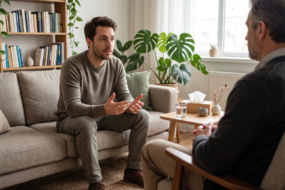 Homem em sessão de terapia psicanalítica conversando com um psicólogo em um consultório acolhedor sobre ansiedade e saúde mental.