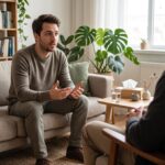 Homem em sessão de terapia psicanalítica conversando com um psicólogo em um consultório acolhedor sobre ansiedade e saúde mental.