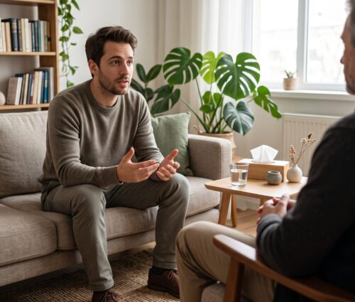 upsampled_img_17143639592779672019 Homem em sessão de terapia psicanalítica conversando com um psicólogo em um consultório acolhedor sobre ansiedade e saúde mental.