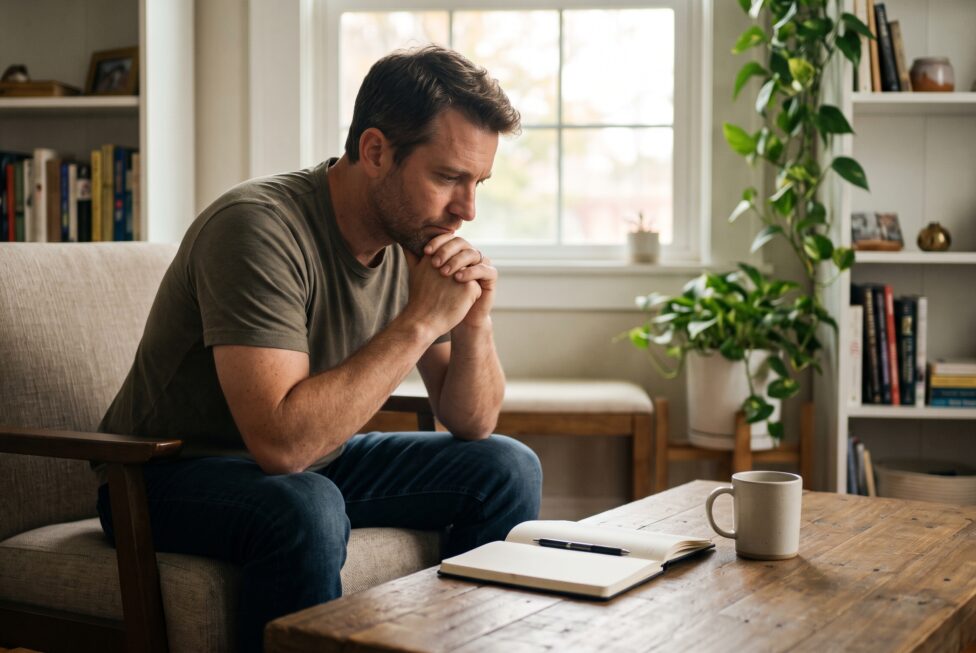 "Homem com expressão pensativa e introspectiva sentado em uma poltrona, com as mãos unidas perto do rosto, diante de uma mesa de centro com um caderno aberto, caneta e caneca. O ambiente ao fundo possui estantes de livros, plantas e uma janela, transmitindo um momento de autoanálise, reflexão e o processo de reconhecer a ansiedade e a angústia."