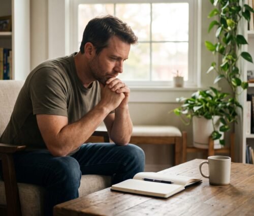 "Homem com expressão pensativa e introspectiva sentado em uma poltrona, com as mãos unidas perto do rosto, diante de uma mesa de centro com um caderno aberto, caneta e caneca. O ambiente ao fundo possui estantes de livros, plantas e uma janela, transmitindo um momento de autoanálise, reflexão e o processo de reconhecer a ansiedade e a angústia."